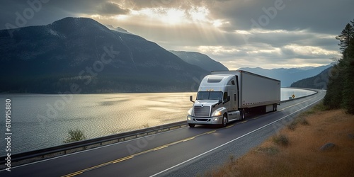 Majestic Journey. Semi Truck Roaming Amidst Mountainous Backdrop © Thares2020