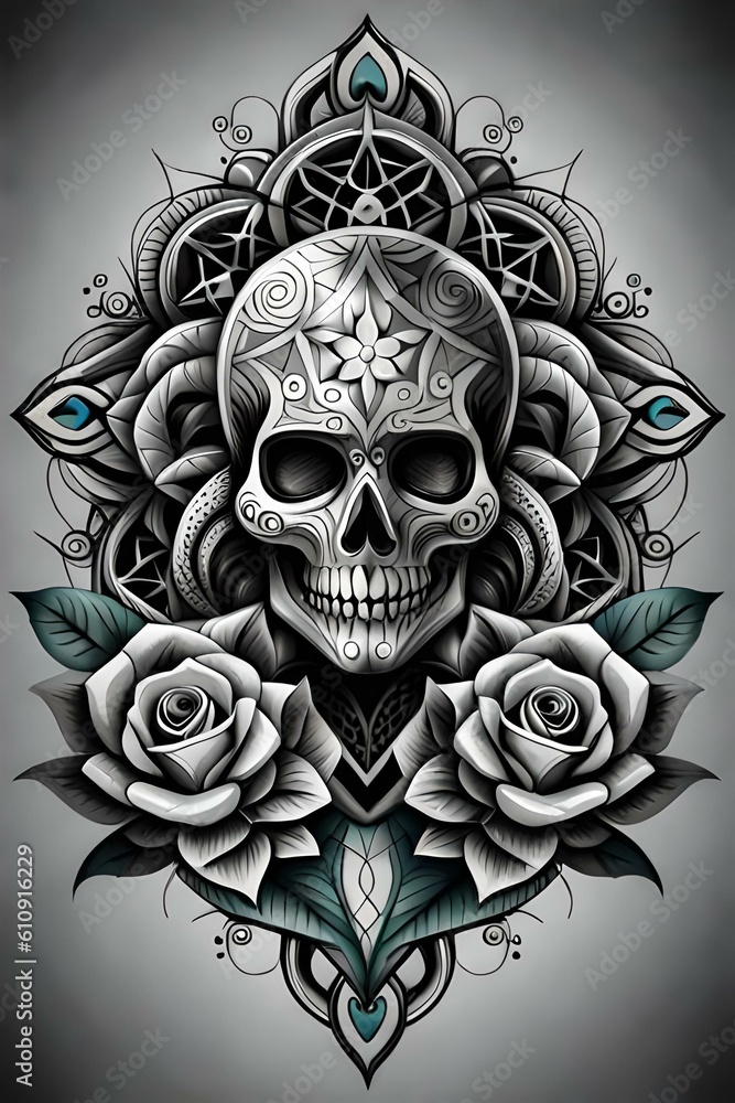 Intricate image of a skull and flowers. Old school tattoo. (AI-generated fictional illustration)
Intricate image of a skull and flowers. Old school tattoo. (AI-generated fictional illustration)