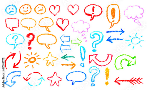 doodle Crayon speech bubbles, arrows, heart shape, smile, sign, symbols funny set. 