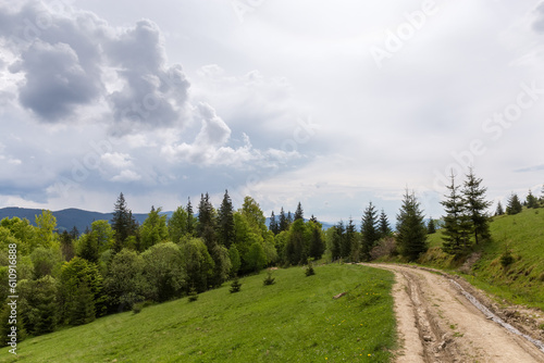 Mountain meadow with dirt road above the forest in Carpathians