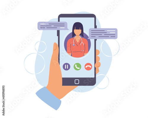 View from phone screen of patient talking to doctor. Distance communication with therapists using video calls. Modern medicine services. Vector illustration