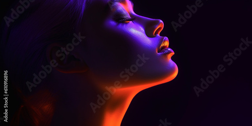 Schönes Gesicht einer Frau in Blaulicht Nahaufnahme, ai generativ