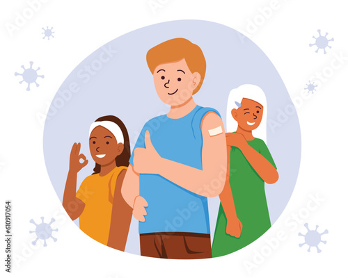 Portrait of young friends with medical patch at vaccination site. Multinational characters smile after getting vaccinated and protecting health from viruses. Flat vector illustration