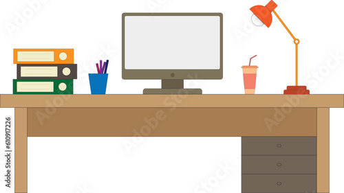 office desk with a computer lamp file