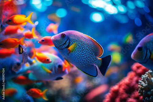 Shoal of colorful tropical fish against a backdrop of vibrant coral - underwater, bokeh Generative AI