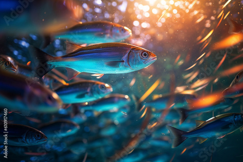 School of sardines swirling in perfect unison - underwater, bokeh Generative AI
