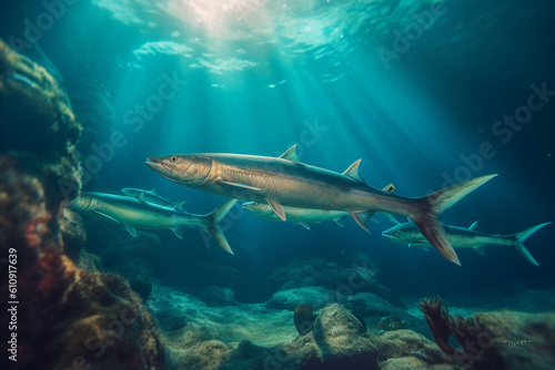 School of barracudas patrolling a deep underwater canyon - underwater  bokeh Generative AI