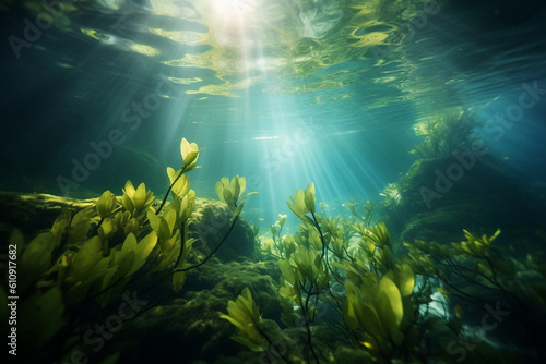 A serene underwater forest of kelp swaying gently in the current - underwater, bokeh Generative AI