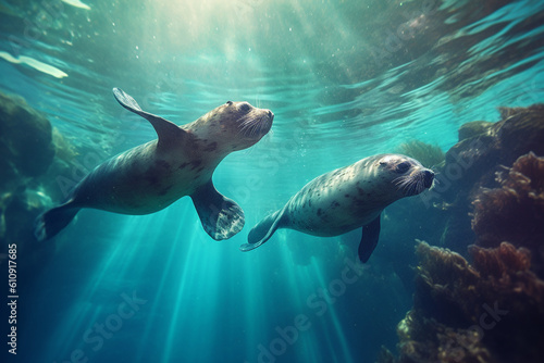 Playful sea lions darting through the water with graceful agility - underwater, bokeh Generative AI