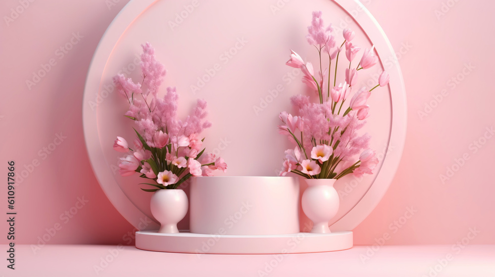 Podium with pink roses on pastel pink background to display products, gift or cosmetics. Generative AI