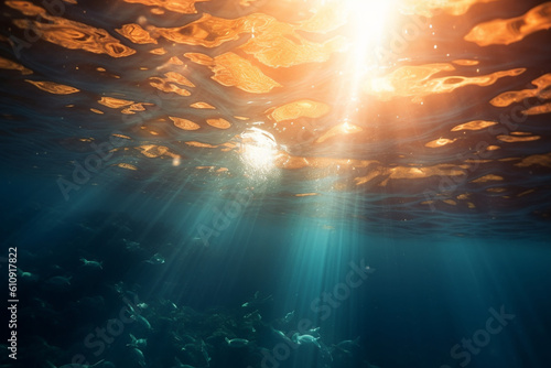 Sunrays penetrating the water, creating a beautiful underwater spotlight - underwater, bokeh Generative AI © Лариса Лазебная