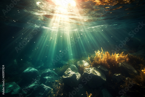 Sunrays penetrating the water  creating a beautiful underwater spotlight - underwater  bokeh Generative AI