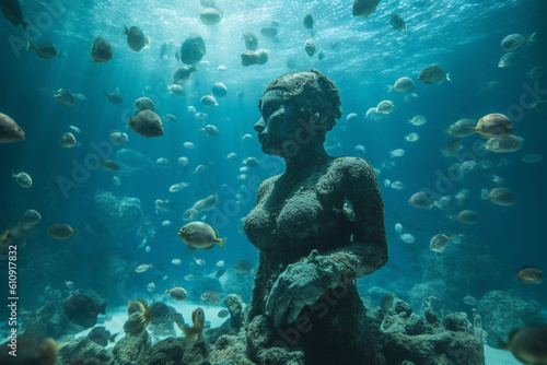 An underwater sculpture or art installation surrounded by marine life - underwater, bokeh Generative AI