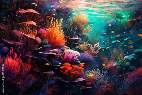 A vibrant coral garden with a multitude of colors and shapes - underwater, bokeh Generative AI © Лариса Лазебная