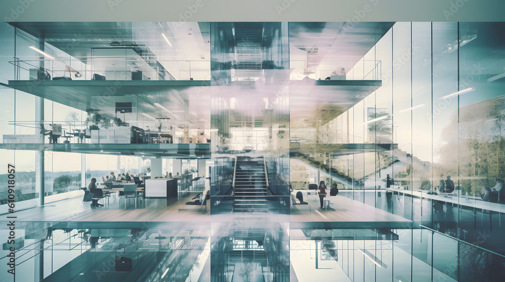 Double exposure modern office building. AI Generated.