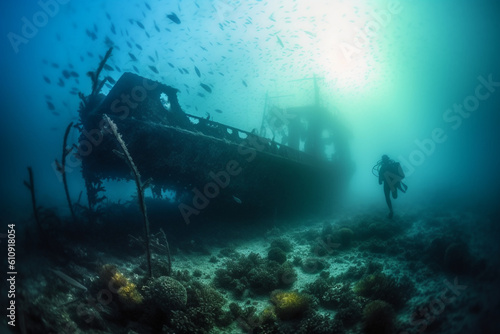 A diver exploring a sunken shipwreck, surrounded by marine life and mystery - underwater, bokeh Generative AI © Лариса Лазебная