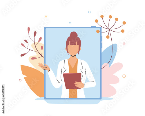 Pretty woman doctor giving medical consultations via internet from tablet. Professional medical help. Making diagnoses and treating online remotely. Vector illustration