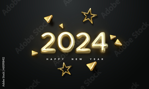 Happy New 2024 Year. Holiday vector illustration of golden metallic numbers 2024 and ornamental shapes. Realistic 3d sign. Festive poster or banner design