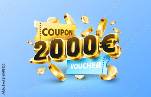 2000 euro coupon gift voucher, cash back banner special offer. Vector illustration