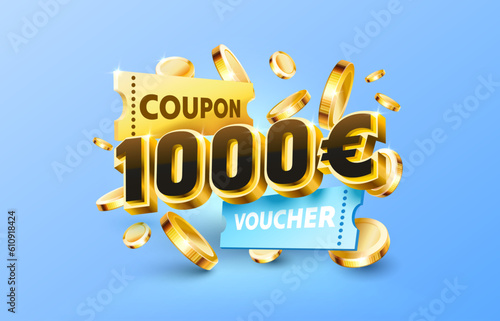 1000 euro coupon gift voucher, cash back banner special offer. Vector illustration