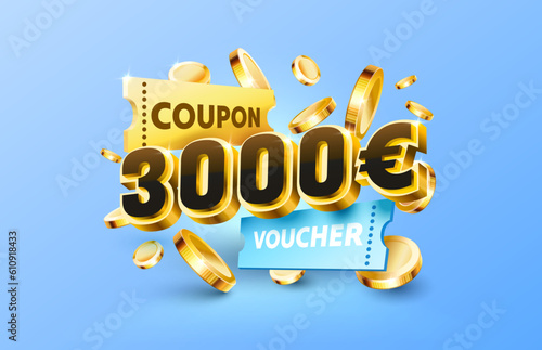 3000 euro coupon gift voucher, cash back banner special offer. Vector illustration