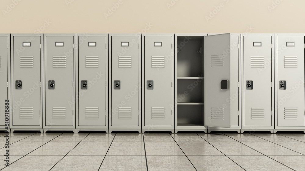 Metal locker storage cabinets for school, fitness club or gym in a row. 3D illustration Metal locker storage cabinets for school, fitness club or gym in a row. 3D illustration