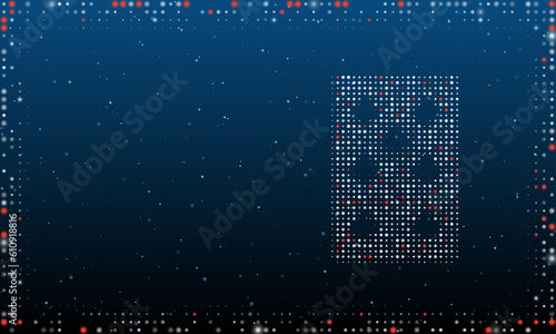 On the right is the seven of clubs playing symbol filled with white dots. Abstract futuristic frame of dots and circles. Vector illustration on blue background with stars