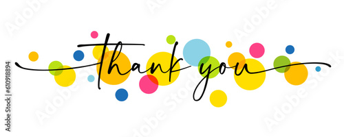 Thank you text handwritten with swirl ribbons and colored circles. Vector phrase design for card or banner
