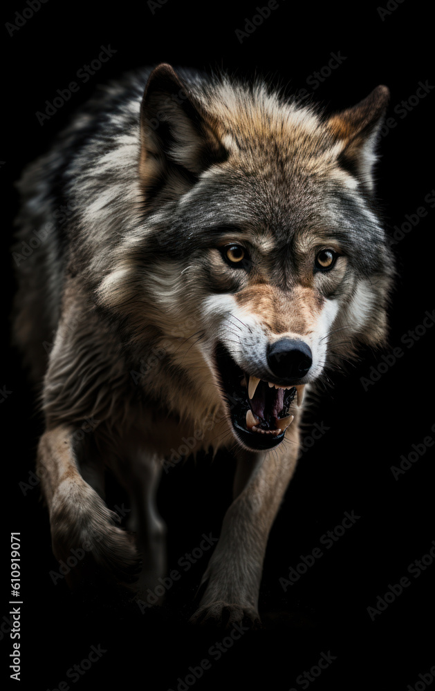 Portrait of a grey wolf on a black background in the studio. Generative AI