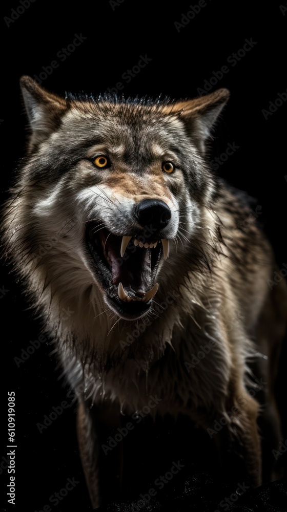 Portrait of a wolf with open mouth on a black background. Generative AI Portrait of a wolf with open mouth on a black background. Generative AI