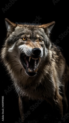 Portrait of a wolf with open mouth on a black background. Generative AI
