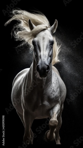 White arabian stallion with long mane on black background. Generative AI