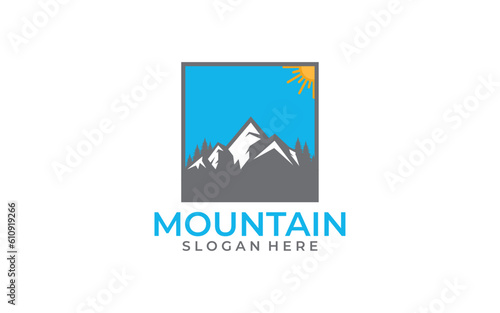Logo mountain travel emblems. Camping outdoor adventure emblems, badges and logo patches. Forest camp labels in vintage style