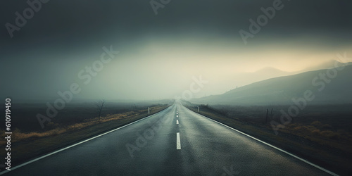 Minimalistic wet road and rain. Wet empty highway. Generative AI © AngrySun