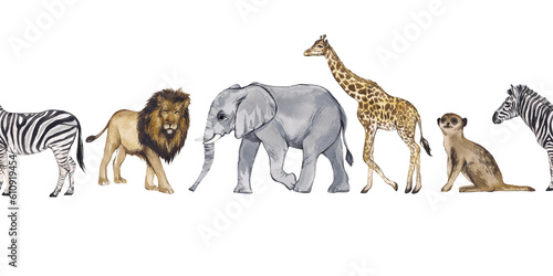 Fototapeta Naklejka Na Ścianę i Meble -  Watercolor seamless border with african animals isolated on white background. Realistic giraffe, zebra, meerkat, elephant, lion. Packaging design, ribbons, stationery, ceramics, textiles.