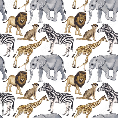 Watercolor seamless pattern with African animals. Realistic illustrations of lion  zebra  elephant  giraffe  meerkat. Design of children s products  textiles  stationery  interior design.