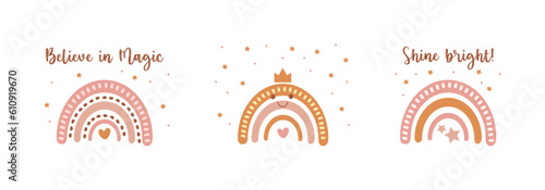 Rainbow design elements in boho style isolated on white background. Cartoon  illustration  for poster, postcard, logo, wallpaper, print. Shine bright, believe in magic inspiration. Vector