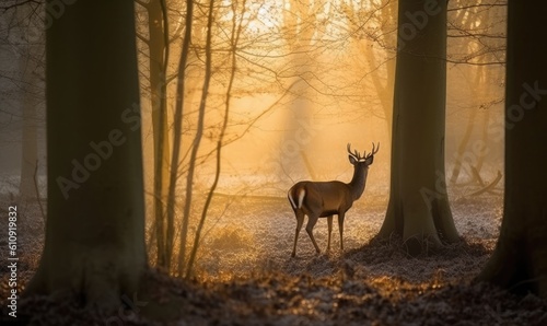 A stunning winter scene of a young deer in a misty forest at sunrise. Creating using generative AI tools