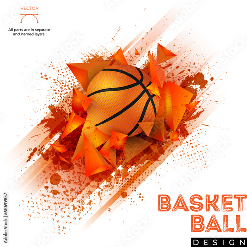 Grungy texture, 3D pyramid shapes and basketball ball