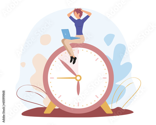 Cartoon girl clutching head looks at laptop with overdue work tasks while sitting on clock. Idea of control time when doing different tasks at work. Process of managing schedule. Vector
