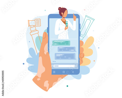 Patient holds phone while texting with doctor online via phone app. Providing remote healthcare services via internet. Remote medical consultation for patients. Vector