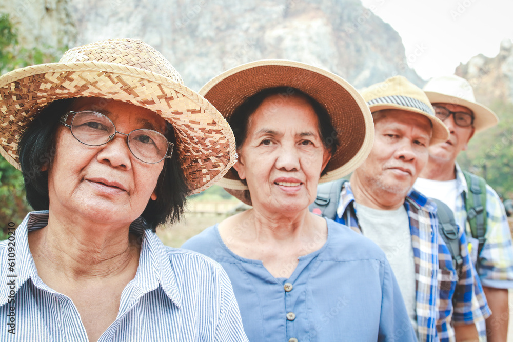 Asian elderly tourists Nature tourism. The concept of aging society. Senior tourists. Living in retirement to be happy