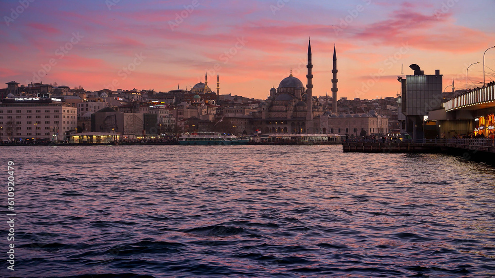 15th of March, 2023, Turkey, Istanbul. View on the Galata bridge and Suleymaniye mosque at sunset