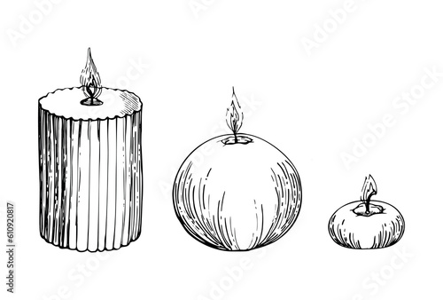 Hand drawn vector ink assorted candles lit with flames. Votives, balls, tea lights, pillars. Isolated object on white background. Design for wellness resort, print, fabric, cover, card, booklet.