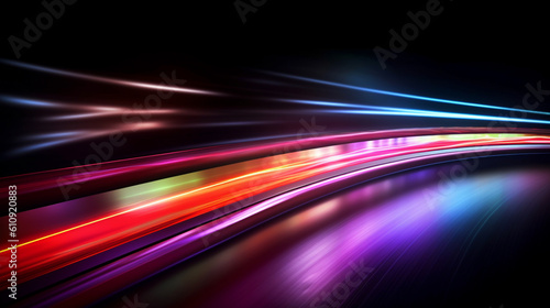 Colorful Light Trails Representing Motion, High Speed Light Affect, Black Background, Generative AI