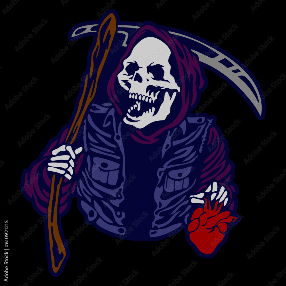 vector illustration skeleton skull grim reaper artwork . Can be used as Logo, Brands, Mascots, tshirt, sticker,patch and Tattoo design.