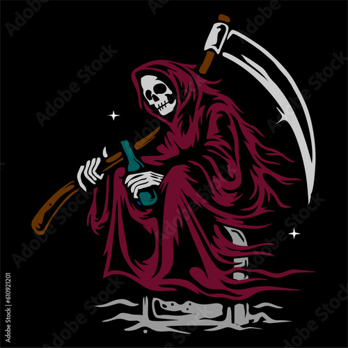 vector illustration skeleton skull grim reaper artwork . Can be used as Logo, Brands, Mascots, tshirt, sticker,patch and Tattoo design.