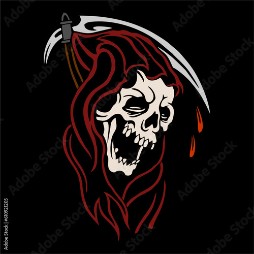 vector illustration skeleton skull grim reaper artwork . Can be used as Logo, Brands, Mascots, tshirt, sticker,patch and Tattoo design.