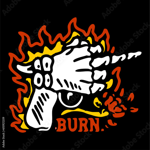 vector illustration skull skeleton hand gun and fire. Can be used as Logo, Brands, Mascots, tshirt, sticker,patch and Tattoo design.
