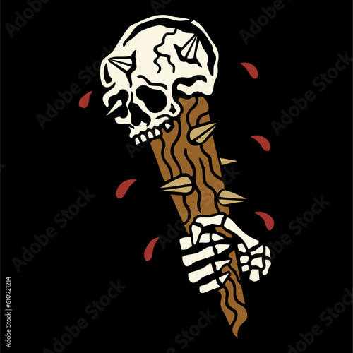vector illustration skull head medieval spiked mace . Can be used as Logo, Brands, Mascots, tshirt, sticker,patch and Tattoo design.